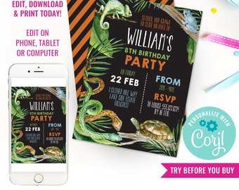 Boys Birthday Party Reptile Invitation Reptile Invite in Black Reptile Party Snake Invitation Instant Download Edit File in Corjl