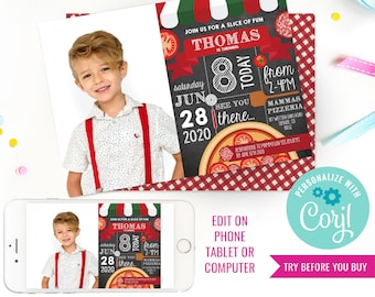 Pizza Party Invitation - Pizza Birthday Party - Chalkboard Invitation - Photo Invitation- Instant Download & Edit File with Corjl