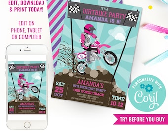 Girl Birthday Party Dirt Bike Invitation Girls Motorbike Party Invite Motocross Party Instant Download Edit File with Corjl