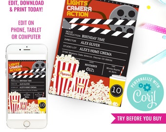 Movie Party Invitation - Movie Ticket Invitation - Movie Night Invite - Instant Download & Edit File with Corjl