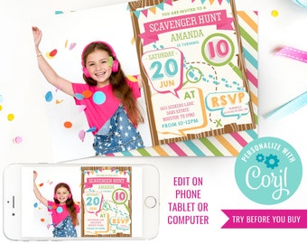 Scavenger Hunt Birthday Party Invitation - Girls Detective Party Invitation - Photo Invitation - Instant Download & Edit File with Corjl