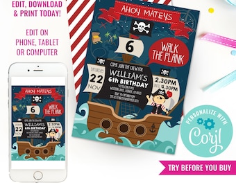 Boy Birthday Party Pirate Invitation Pirate Map Invitation Pirate Ship Party Invitation Boys Pirate Party Instant Download Edit with Corjl