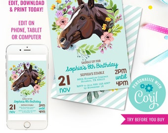Girls Birthday Party Horse Invitation Horse Floral Party Invite Turquoise Horse Party Invite Instant Download Edit File with Corjl