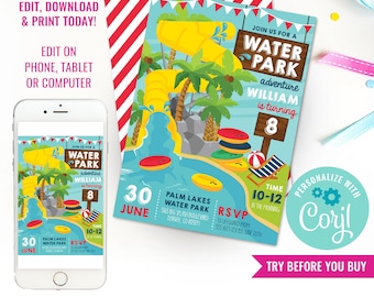 May include: A blue and yellow invitation for a water park birthday party. The invitation features a cartoon illustration of a water slide, palm trees, and a pool. The text on the invitation reads "Join us for a Water Park adventure William is turning 8". The invitation also includes the date, time, location, and RSVP information. The invitation is personalised with the name "Coryl".