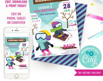 Sledding Party Invitation for Girls - Girls Tobogganing Party Invitation - Winter Party Invitation - Instant Download & Edit File with Corjl