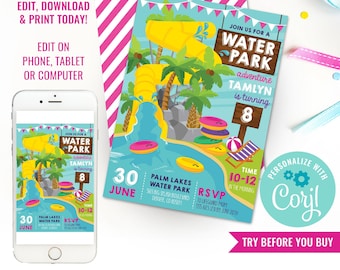 Girls Summer Party Invitation Water Park Party Invite Girls Water Slide Party Invitation Pool Party Invite Instant Download Edit File
