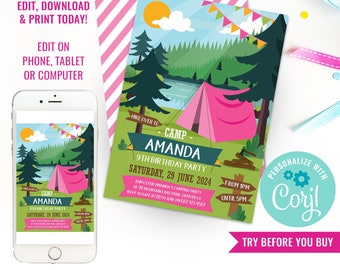 Girls Birthday Party Camp Out Invite Summer Camping Party Invitation Glamping Invite Girls Camping Party Instant Download Edit in Corjl