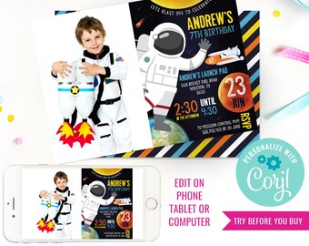 Boy Birthday Party Space Astronaut Invitation Space Birthday Party Invite Mars Party Solar System Instant Download Edit File with Corjl