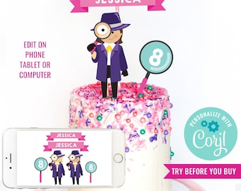 Girls Birthday Party Cake Topper Detective Party Secret Agent Birthday Party Cake Spy Party Cake Topper Instant Download Edit File in Corjl