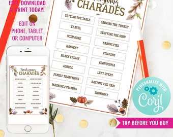 Thanksgiving Game Charades Printable Thanksgiving Dinner Game Printable Family Game Instant Download Edit File with Corjl