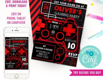 Gaming Party Invitation - Video Game Invitation - Red Gamer Party Invitation - Instant Download & Edit File with Corjl
