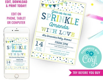 Sprinkle Baby Shower Invitation in Whites and Blues - Boy Sprinkle Invitation - Instant Download and Edit at Home with Adobe Reader
