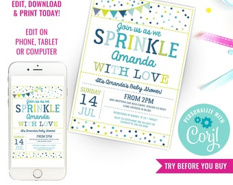 Boy Baby Shower Sprinkle Invitation in White and Blue Boy Sprinkle Invite Boy Baby Shower Invite Instant Download Edit with Adobe Reader