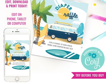 Boy Baby Shower Surfing Baby Shower Game Baby Boy Surfer Diaper Raffle Card Summer Beach Baby Shower Instant Download Edit File in Corjl