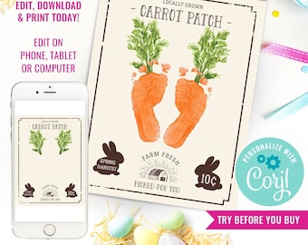 Farm Sign Carrot Patch Easter - Footprint Feet Art Craft - Activity Keepsake Gift Card Decor Sign - Instant Download + Edit File with Corjl