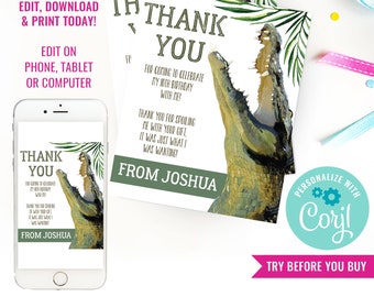 Boy Birthday Party Crocodile Thank you Card Crocodile Party Note Card Alligator Party Crocodile Invite Instant Download Edit File with Corjl