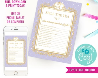 High Tea Party Game - Spill The Tea Lilac Bridal Shower Party Game - Instant Download & Edit File with Corjl