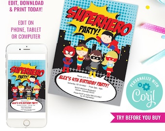 Boy Birthday Party Superhero Invitation Boy Superhero Birthday Party Invite Instant Download Edit File with Corjl