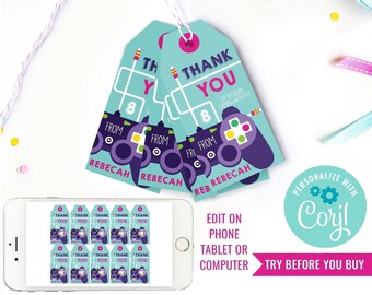Gaming Party Favor Tags - Video Game Party Favors - Girls Gaming Party Favor Tags - Instant Download & Edit File with Corjl