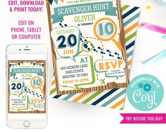 Boy Birthday Party Scavenger Hunt Invitation Boys Detective Party Invitation Scavenger Hunt Party Invite Instant Download Edit with Corjl