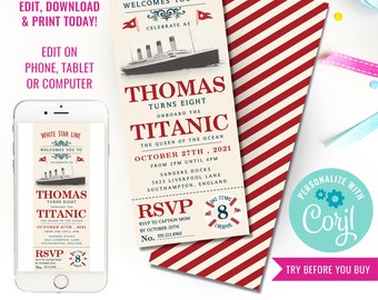 Titanic Birthday Party Invitation Vintage Titanic Party Invite Vintage Travel Party invitation Instant Download Edit File in Corjl