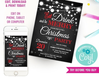 Chalkboard Christmas Party Invitation - Christmas Party - Christmas Lights Party - Instant Download & Edit File with Corjl