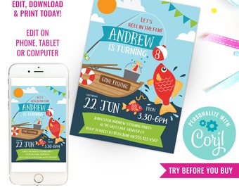 Invitación a la fiesta de cumpleaños de niños para pescar Invitación a la fiesta de pesca de O Fish Ally One Descarga instantánea Editar archivo con Corjl