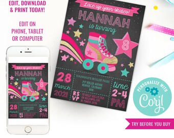 Girls Birthday Party Roller skating Party Invitation Roller skate Birthday Invite Retro Roller skate Party Instant Download Edit with Corjl