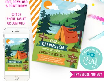 Summer Birthday Party Camping Party Invitation Backyard Campout Mountain Hiking Party Invitation Instant Download Edit File with Corjl