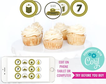 Army Tank Birthday Party Cupcake Toppers for a Boy - Army Tank Party Cupcake Toppers - Instant Download & Edit File with Corjl