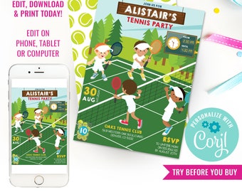 Boy Birthday Party Tennis Invitation Boys Wimbledon Party Invitation Kids Tennis Party Invitation Instant Download Edit File with Corjl