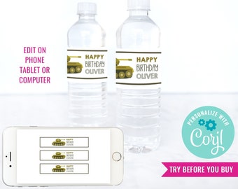 Army Tank Birthday Party Water Bottle Labels for a Boy - Modern Army Party Drinks Labels - Instant Download & Edit File with Corjl