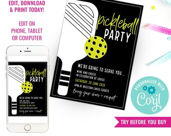 Birthday Party Pickleball Invitation for Adults Pickleball Birthday Invite Simple Pickleball Invitation Instant Download Edit with Corjl