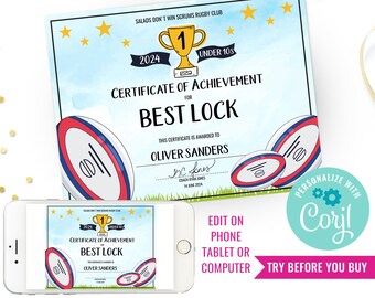 Sports Award DIY Rugby Printable Award Certificate DIY Rugby Party Printable Rugby Award Printable Certificate Instant Download Edit Corjl