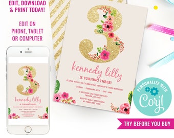 Girl Birthday Party Third Birthday Invitation Gold Glitter Floral Watercolor Birthday Invitation Instant Download Edit File with Corjl