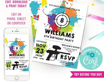 Paintball Birthday Party Invitation for a Boy - Lazer Tag Party Invitation - White Background - Instant Download & Edit File with Corjl