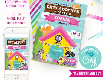 Kitty Adoption Party Invitation - Pet Adoption Party Invitation - Kitty Cat Adoption Party - Instant Download & Edit File with Corjl