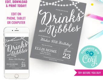 Gray Birthday Party Invitation - Drinks Birthday Party - 30th 40th 50th 60th birthday invitation - Instant Download & Edit File with Corjl