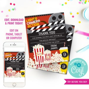 Birthday Party Movie Night Thank You Cards Movie Party Favor Cards Movie Night Party Instant Download Edit File with Corjl