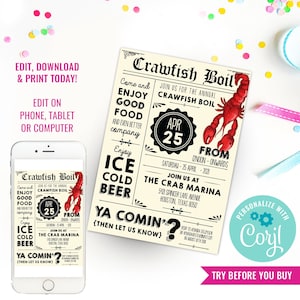 May include: A printable invitation for a crawfish boil on April 25th at The Crab Marina. The invitation features a red crawfish illustration and the text "Crawfish Boil" in a vintage newspaper style.