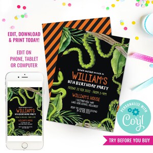 May include: An editable digital invitation for a child's 11th birthday party. The invitation features a black background with green snakes and tropical leaves. The text reads "Sither and Slide on over to William's 11th Birthday Party" with the date, time, and location of the party. The invitation is personalised with the text "Personalise with Coril" and a gear icon.