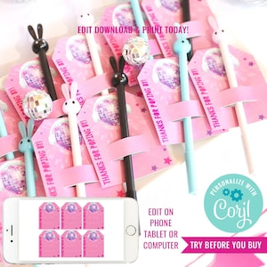 Girl Birthday Party Disco Bunny Birthday Party Favor Cards DJ Disco Bunny Rabbit Party Printable Favor Tags Instant Download Edit in Corjl