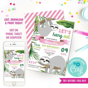Girl Birthday Party Sloth Invitation Girls Sloth Invitation Sloth Birthday Party Invitation Instant Download Edit File with Corjl