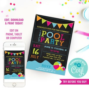 Summer Pool Party Invitation Schools Out Party Invite Summer Party Pool Party Instant Download Edit File in Corjl