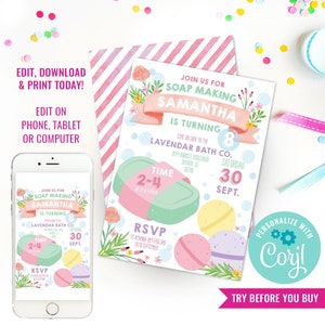May include: A pink and green invitation for a soap making party for Samantha's 8th birthday. The invitation features a cartoon illustration of bath bombs and soap. The text reads "Join us for soap making Samantha is turning 8. Come on over to the Lavender Bath Co. 85th Bubbles Boulevard Denver, CO 86318. Saturday, September 30. Time 2-4 in the afternoon. RSVP to Amanda 391-956-395 by September 18."