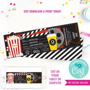 Movie Party Invitation - Movie Ticket Invitation - Movie Night Invitation - Instant Download & Edit File with Corjl