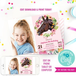 Horse Party Invitation Horse Birthday Party Photo Invitation Pink Horse Party Invite Instant Download & Edit File with Corjl image 1