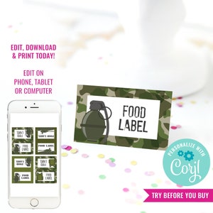 Army Camo Birthday Party Food Labels for a Boy Modern Army Party Labels DIY Army Camo Party Instant Download & Edit File with Corjl image 1