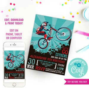 Boys BMX Bike Party Invitation Mountain Bike Party Invite BMX Bike Party Invitation Instant Download Edit File in Corjl