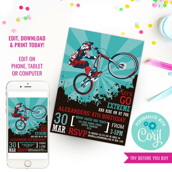 BMX Bike Party Einladung - Mountainbike Party Einladung - Bike Party Einladung - Instant Download & Edit File with Corjl